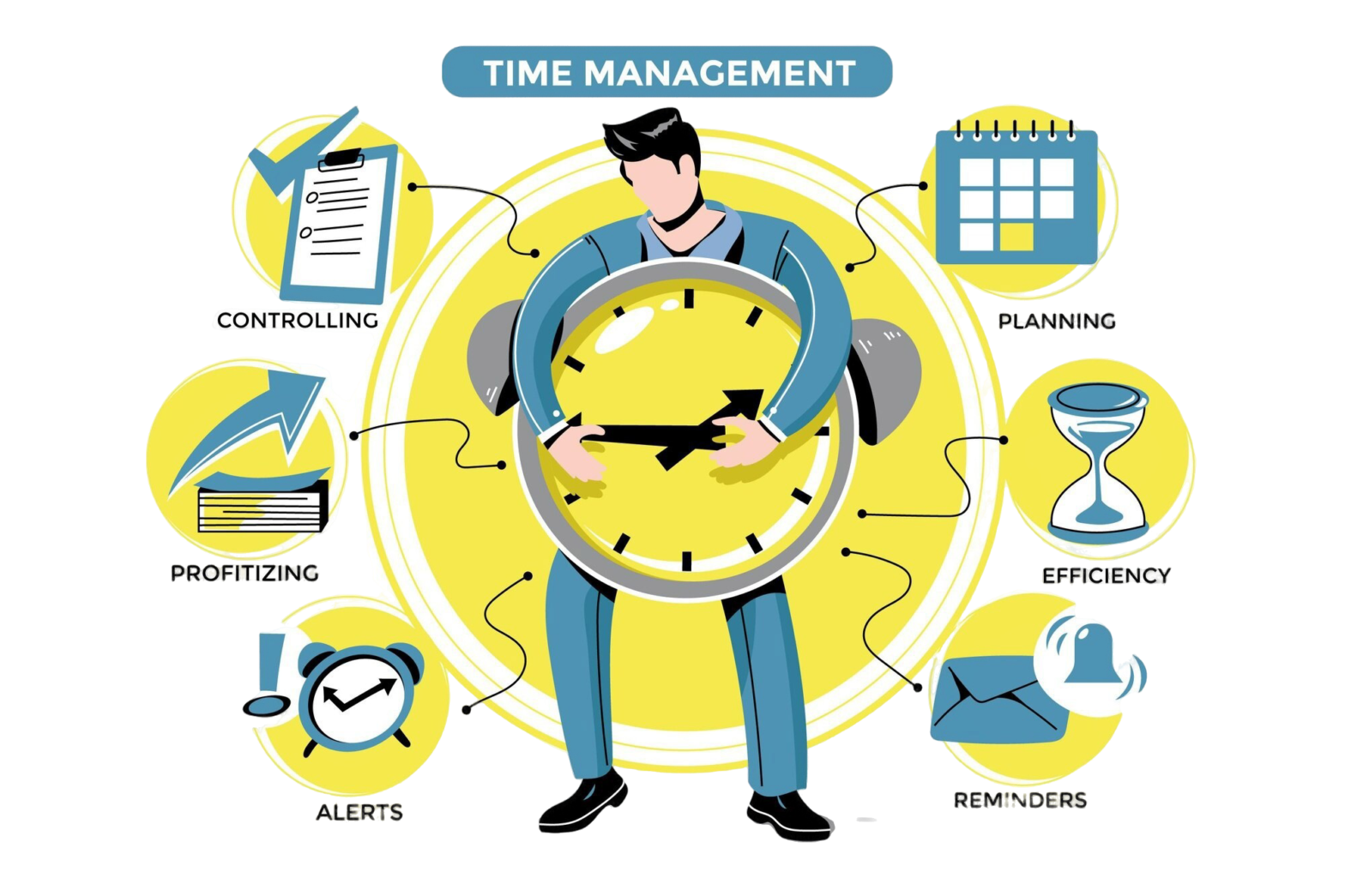 Illustration of a small business owner managing tasks with a clock and planner, symbolizing effective time management strategies